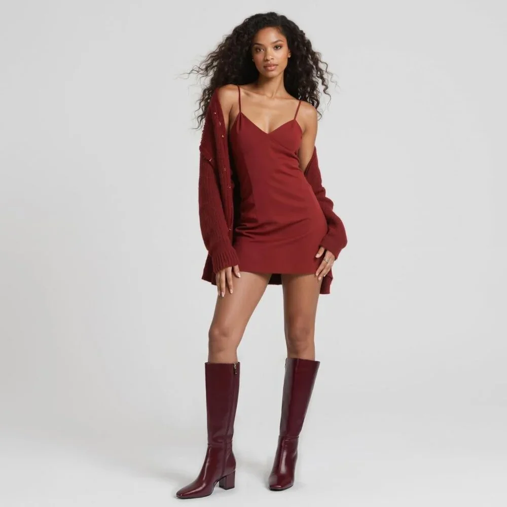 Women's Burgundy Knee High Boots Square Toe Tall Chunky Heel Rubber